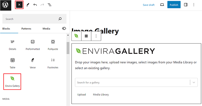 Agregue el bloque Galería Envira Agregue el bloque Galería Envira