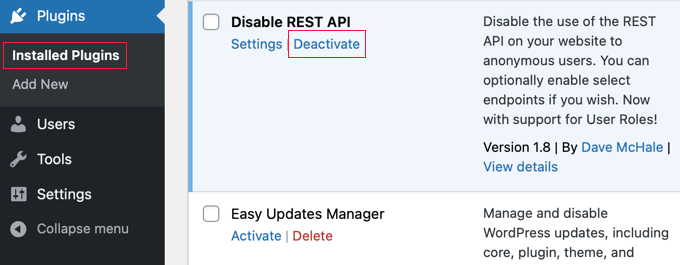 Desactivar un plugin de WordPress