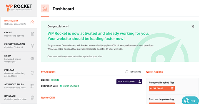 Panel de control de WP Rocket Panel de control de WP Rocket
