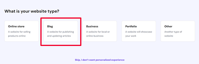Elija blog como tipo de sitio web Elija blog como tipo de sitio web