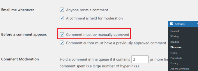habilitar la aprobación manual de comentarios Habilitar la aprobación manual de comentarios