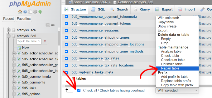 Seleccionar las tablas a reparar en la base de datos Seleccionar las tablas a reparar en la base de datos
