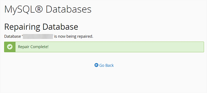 Mensaje de éxito de reparación de base de datos Mensaje de éxito de reparación de base de datos