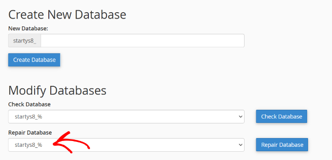 Elija una base de datos para reparar Elija una base de datos para reparar