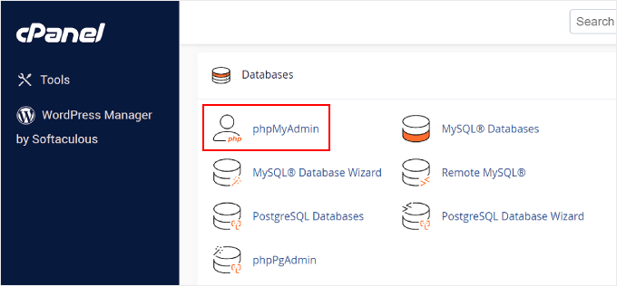 Seleccionando phpMyAdmin en cPanel Seleccionando phpMyAdmin en cPanel