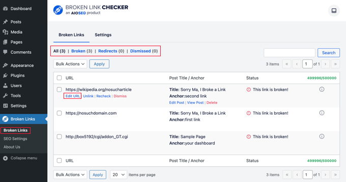 Encuentre enlaces rotos y cambie URL con Broken Link Checker de AIOSEO Encuentre enlaces rotos y cambie URL con Broken Link Checker de AIOSEO