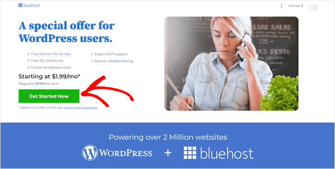 Al hacer clic en el botón Comenzar ahora en la página de Bluehost Al hacer clic en el botón Comenzar ahora en la página de Bluehost