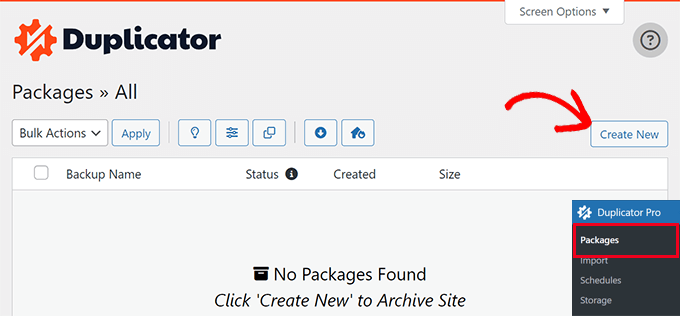Crear un nuevo paquete en Duplicator Crear un nuevo paquete en Duplicator