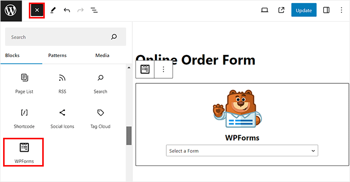 Agregue el bloque WPForms para su formulario de pedido en línea Agregue el bloque WPForms para su formulario de pedido en línea