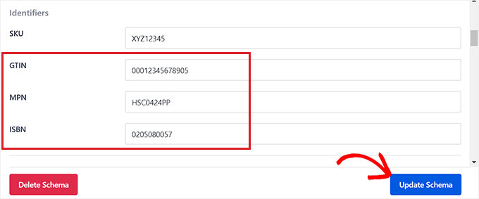Agregue ISBN, GTIN o MPN y haga clic en el botón Actualizar esquema Agregue ISBN, GTIN o MPN y haga clic en el botón Actualizar esquema