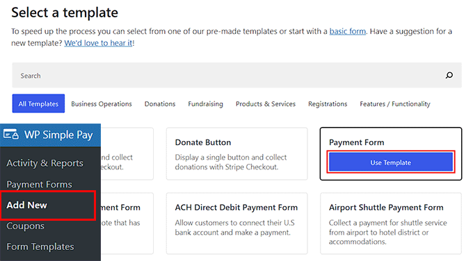 Seleccione una plantilla para WP Simple Pay Seleccione una plantilla para WP Simple Pay