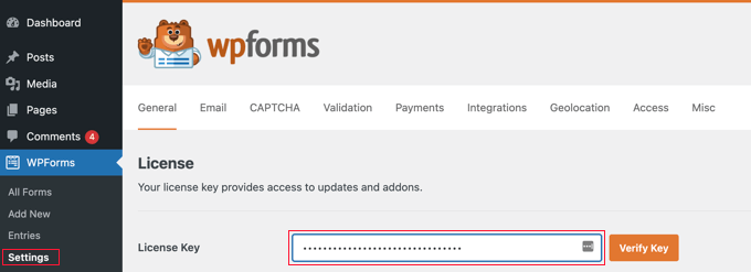 Ingrese su clave de licencia de WPForms clave-licencia-wpforms