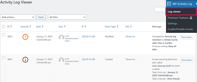 Visor de registro de WP Actitiy